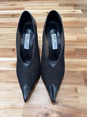 Jimmy Choo Black Pointed Toe Mesh & Leather Pumps
